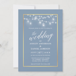 Invitación Calligraphy Dusty Blue Jar Lights Gold Boda