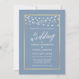 Invitación Calligraphy Dusty Blue String Lights Gold Boda