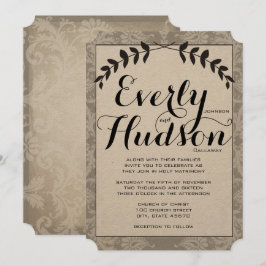 Invitación Calligraphy Garland Damask Brown Paper Boda