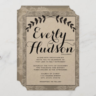 Invitación Calligraphy Garland Damask Brown Paper Boda