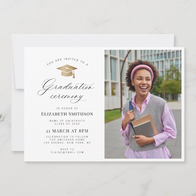 Invitación Calligraphy gold cap photo graduation ceremony (Anverso)