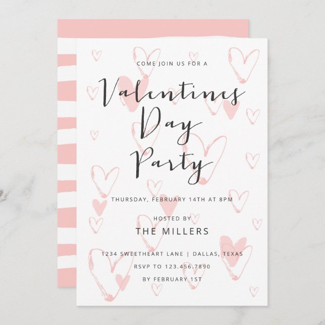 Invitación Calligraphy Hearts Valentine Fiesta (Anverso / Reverso)