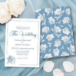 Invitación Calligraphy Line Art Dusty Blue Floral Wedding