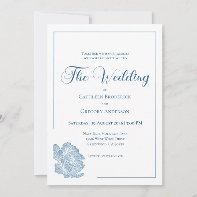 Invitación Calligraphy Line Art Dusty Blue Floral Wedding (Anverso)