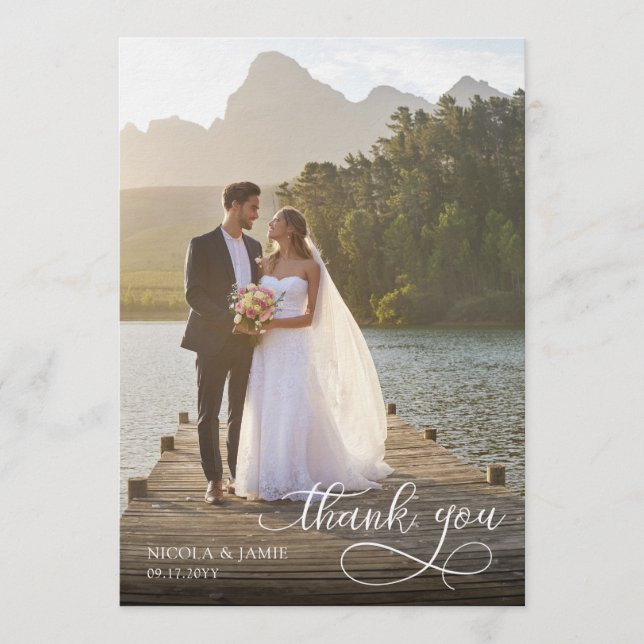 Invitación Calligraphy Overlay 2 Wedding Photo Thank You Card (Anverso)