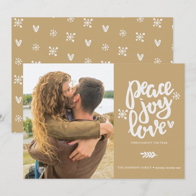 Invitación Calligraphy Peace Joy Love Photo Holiday Card (Anverso / Reverso)