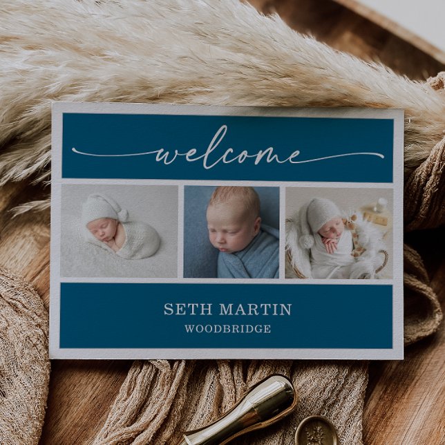 Invitación Calligraphy Photo Collage Baby Announcement Card (Subido por el creador)