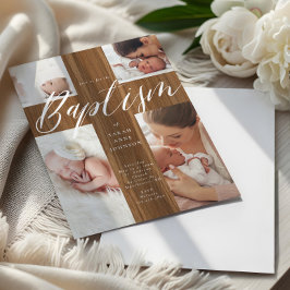 Invitación Calligraphy Photo Collage Baby Baptism Wood Cross 