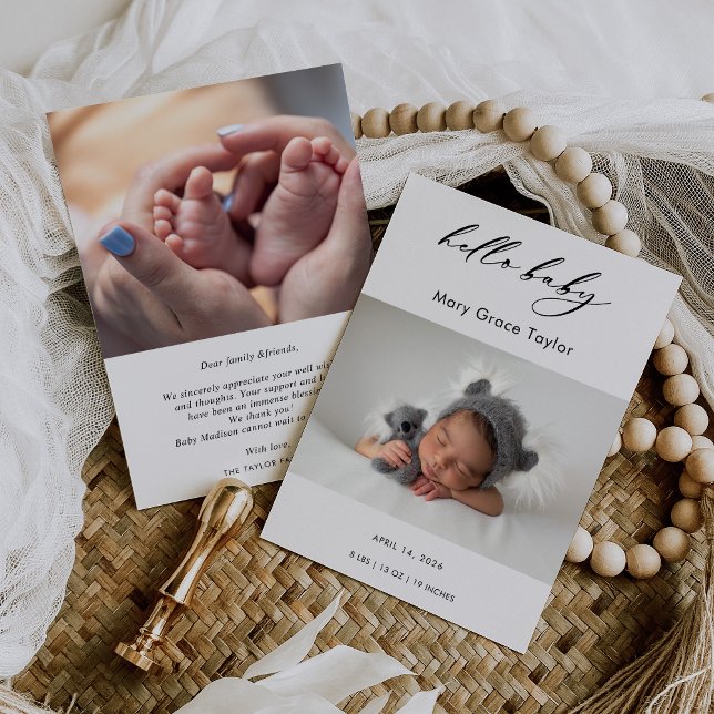 Invitación Calligraphy Photo Hello Baby Announcement Card (Subido por el creador)