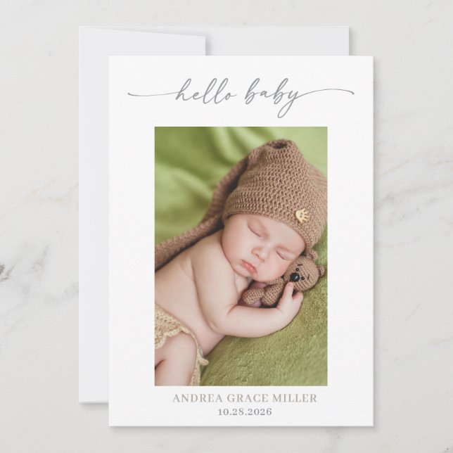 Invitación Calligraphy Photo Hello Baby Announcement Card (Anverso)