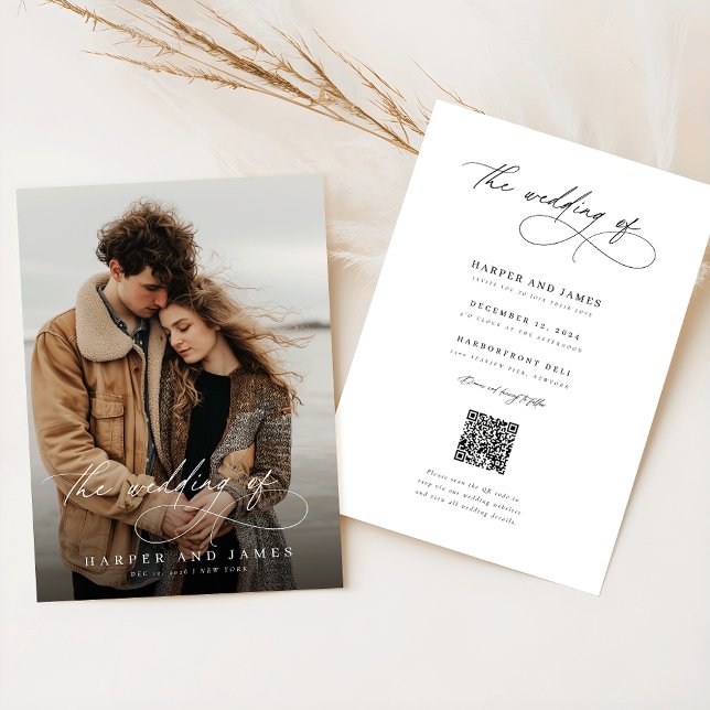 Invitación Calligraphy Qr Code Photo Romantic Wedding (Subido por el creador)