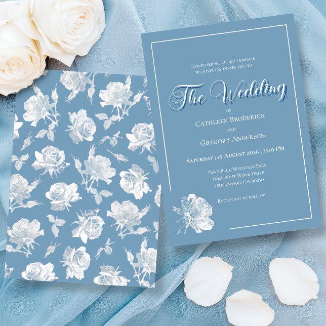 Invitación Calligraphy Script Dusty Blue White Floral Wedding (Subido por el creador)