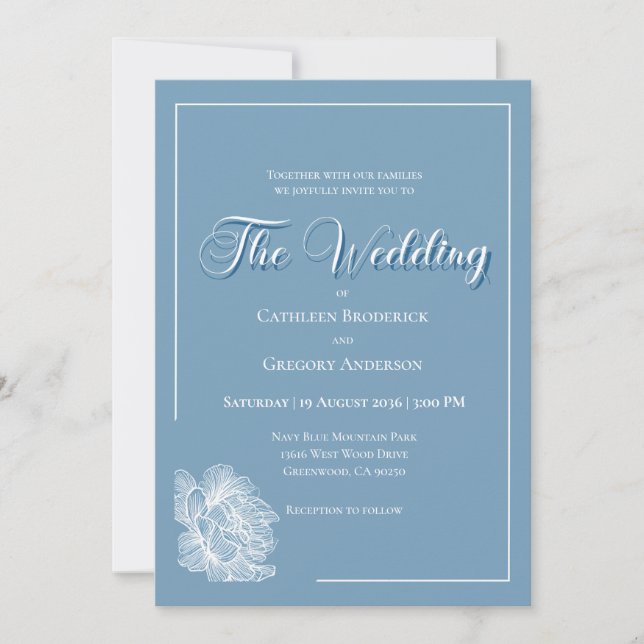 Invitación Calligraphy Script Dusty Blue White Floral Wedding (Anverso)