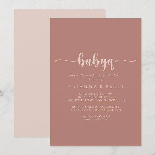 Invitación Calligraphy Terracotta BabyQ Baby Shower Barbecue (Anverso / Reverso)
