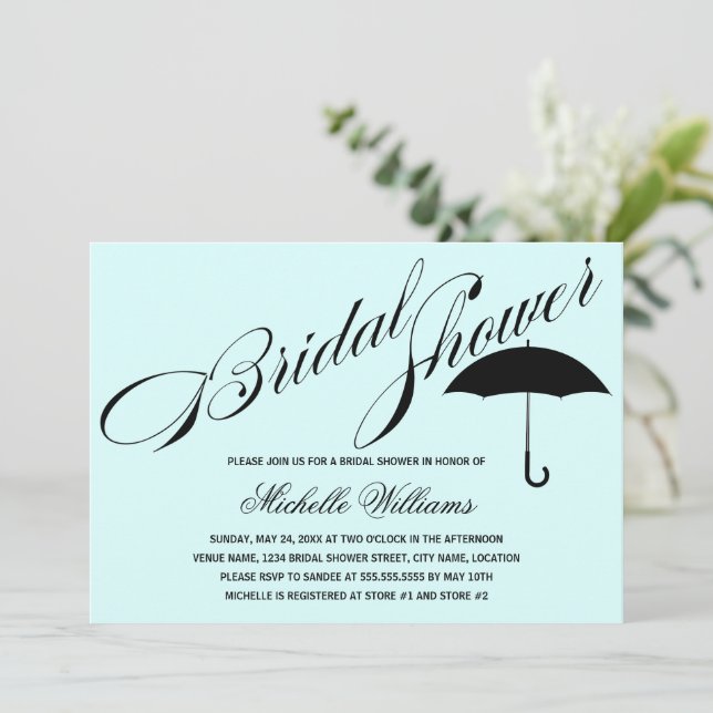 Invitación Calligraphy Umbrella Aqua Bridal Shower (Anverso de pie)