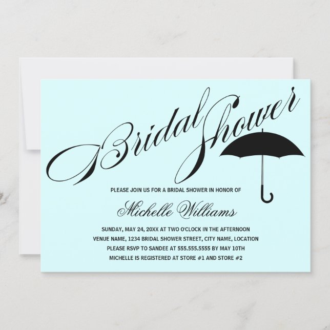 Invitación Calligraphy Umbrella Aqua Bridal Shower (Anverso)