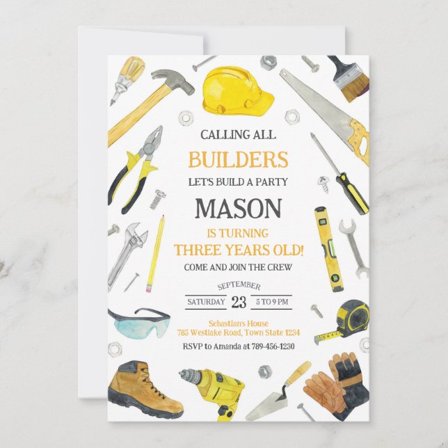 Invitación Calling All Builders Construction Tools Birthday  (Anverso)