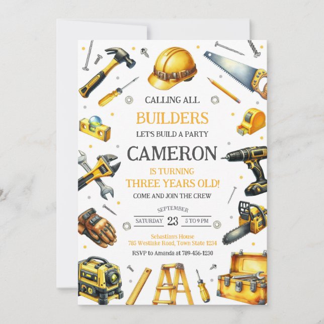 Invitación Calling All Builders Construction Tools Birthday (Anverso)
