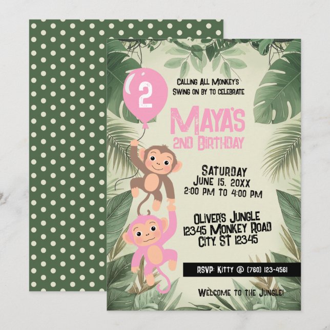 Invitación Calling All Monkeys 2nd Birthday Invitation (pink) (Anverso / Reverso)