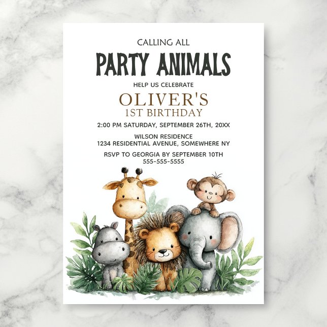 Invitación Calling All Party Animals 1st Birthday Party (Subido por el creador)