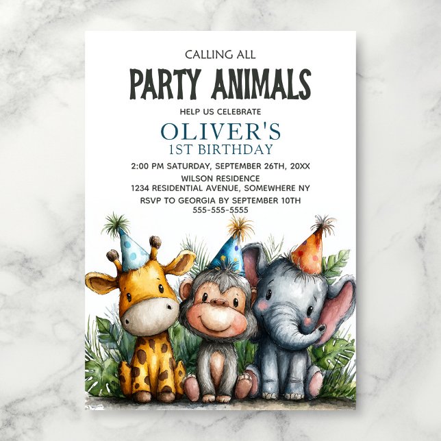 Invitación Calling All Party Animals 1st Birthday Party (Subido por el creador)