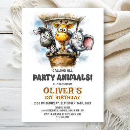Invitación Calling all Party Animals 1st Birthday Party