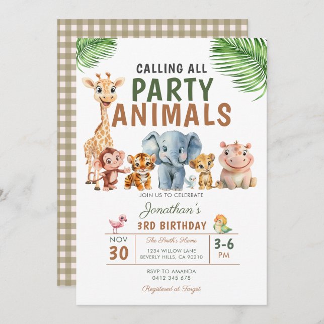 Invitación Calling All Party Animals Birthday Safari Party (Anverso / Reverso)