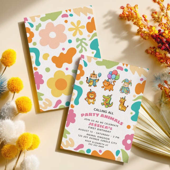 Invitación Calling All Party Animals Floral Kids 1st Birthday (Subido por el creador)