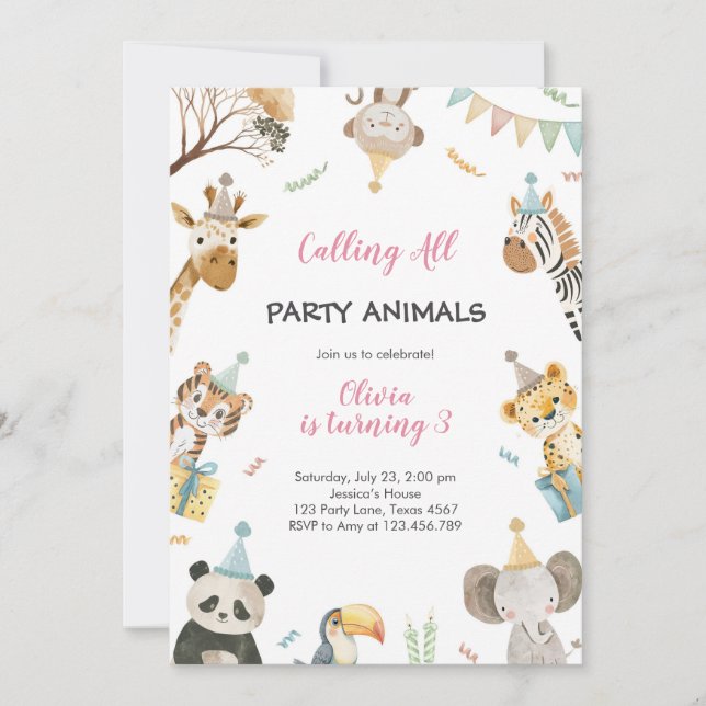 Invitación Calling All Party Animals Safari Zoo Birthday (Anverso)