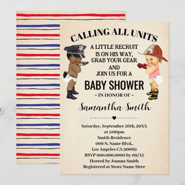Invitación Calling All Units Police Firefighter Baby Shower (Anverso / Reverso)