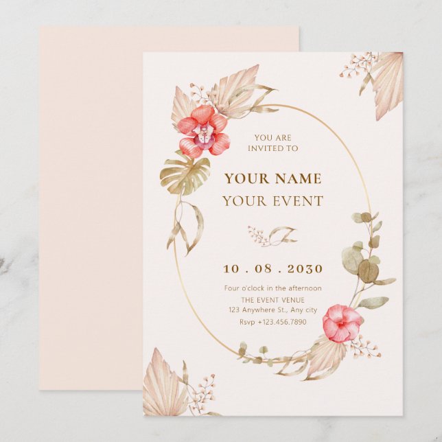 Invitación Calma crema floral elegante (Anverso / Reverso)