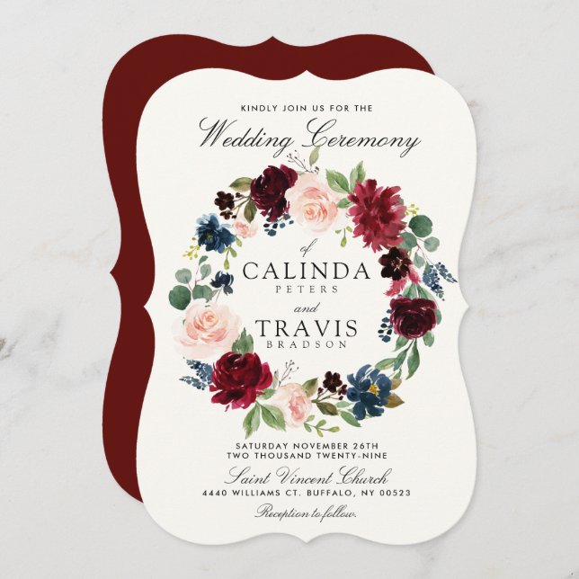 Invitación Calor de Bouquet de Borgoña| Boda de espalda roja (Anverso / Reverso)