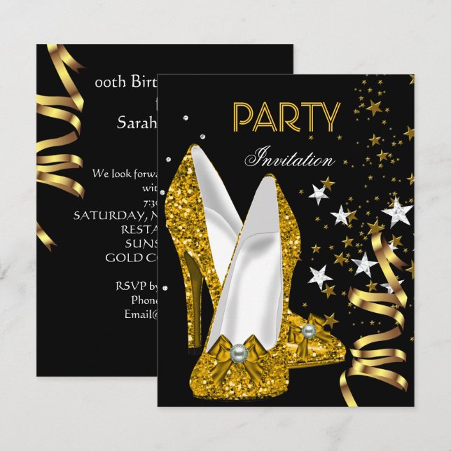 Invitación Calzado amarillo dorado de la fiesta de cumpleaños (Anverso / Reverso)