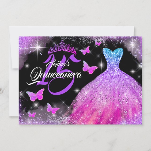 Invitación Calzado azul morado rosa mariposa Quinceanera (Anverso)