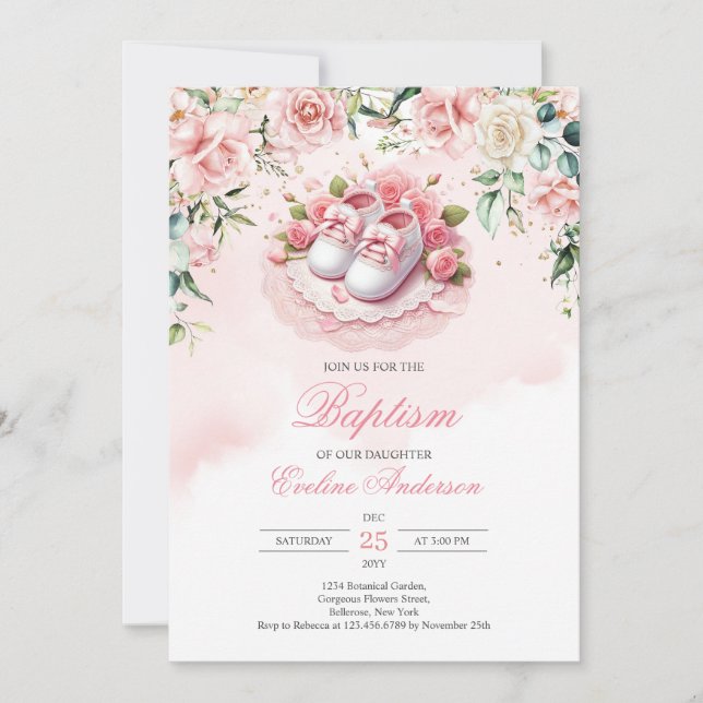 Invitación Calzado de bautismo rosa niña pantuflas rosas rubi (Anverso)