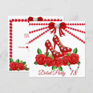 Invitación Calzado Rojo, Joyas Y Flor Rosa 18 Aniversario