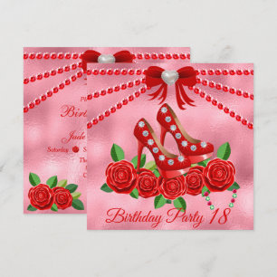 Invitación Calzado Rojo, Joyas Y Flor Rosa 18 Aniversario