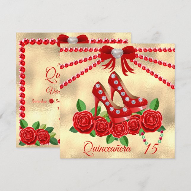 Invitación Calzado Rojo, Joyas Y Flor Rosa Quinceañera (Anverso / Reverso)