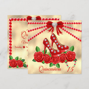 Invitación Calzado Rojo, Joyas Y Flor Rosa Quinceañera