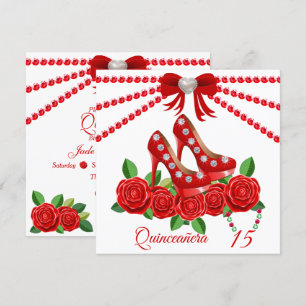 Invitación Calzado Rojo, Joyas Y Flor Rosa Quinceañera