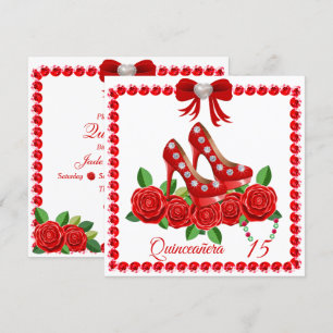 Invitación Calzado Rojo, Joyas Y Flor Rosa Quinceañera