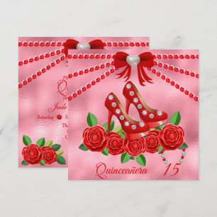 Invitación Calzado Rojo, Joyas Y Flor Rosa Quinceañera
