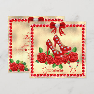 Invitación Calzado Rojo, Joyas Y Flor Rosa Quinceañera