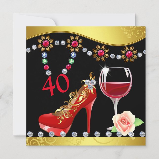 Invitación Calzado rojo, vino y joyas 40 cumpleaños (Anverso)