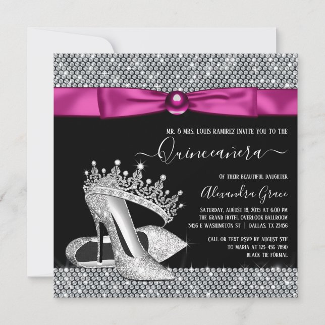 Invitación Calzado Tiara Magenta Diamante Rosa Caliente Quinc (Anverso)