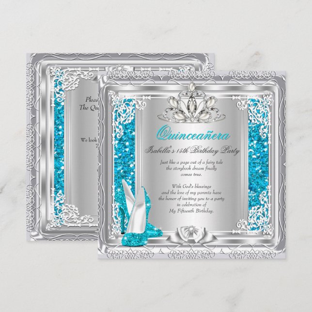 Invitación Calzado Verde azulado Purpurina Quinceanera (Anverso / Reverso)