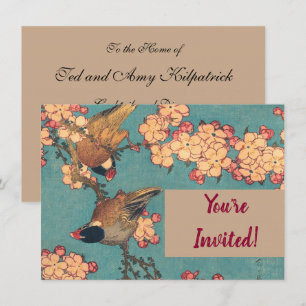 Invitación Camachuelo de Hokusai y Flor de Cerezo Ave Vintage