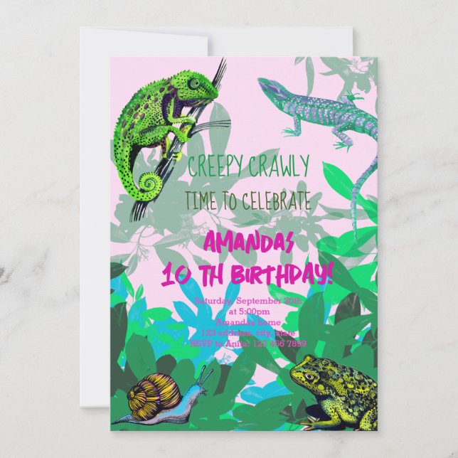 Invitación camaleón de cumpleaños chica, lagarto, rana (Anverso)