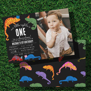 Invitación Camaleón Reptil Lagarto Niños Primera Cumpleaños F