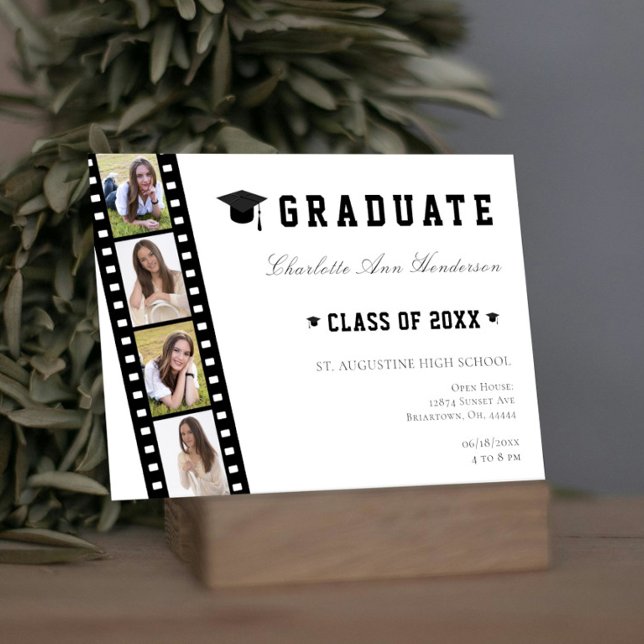 Invitación Cámara Abierta de Cuatro Collages de fotos (White Filmstrip Four Photo Collage Graduation Open House Invitation)